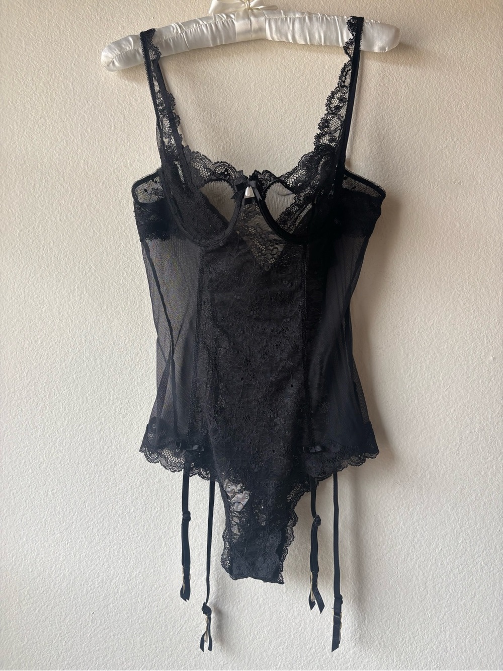 Victoria's Secret Black Lace Pearl Corset Bodysuit Lingerie with Garter Straps